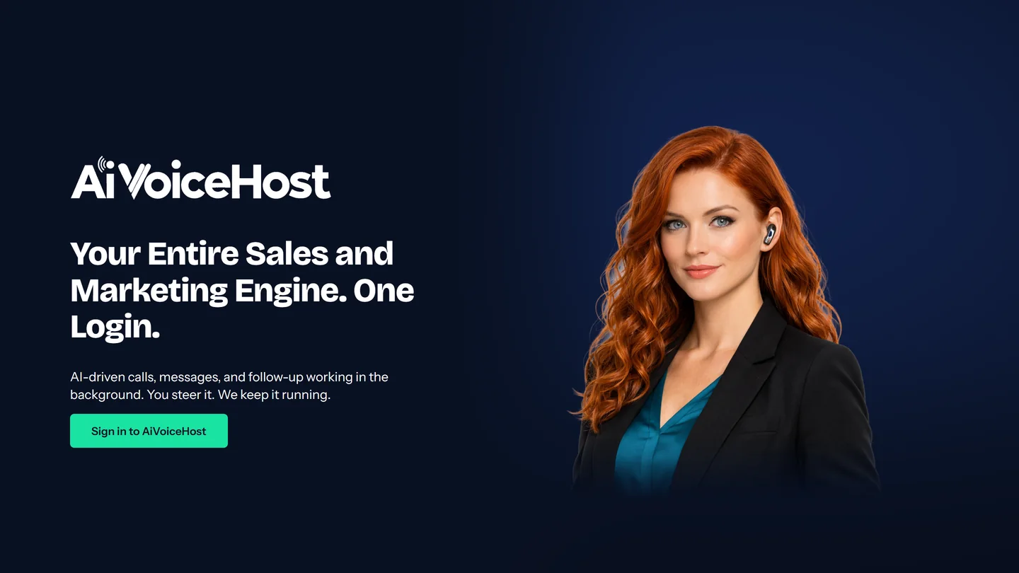 AiVoiceHost client portal sign-in screen: the AiVoiceHost wordmark, the heading &lsquo;Your Entire Sales and Marketing Engine. One Login.&rsquo;, a green &lsquo;Sign in to AiVoiceHost&rsquo; button, and Ellen, the AI receptionist, on a deep navy background