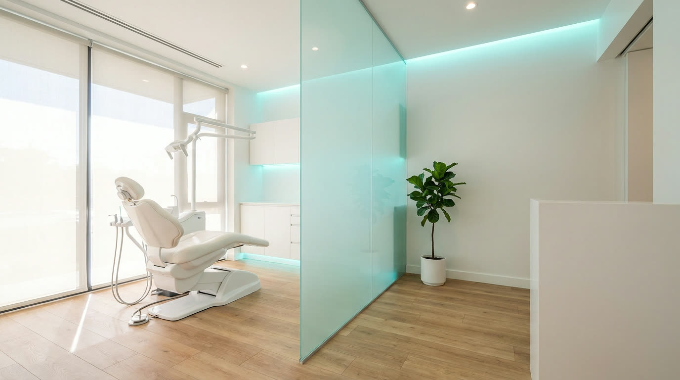 Bright modern dental operatory with aqua glass partition — the practice the answered call books into