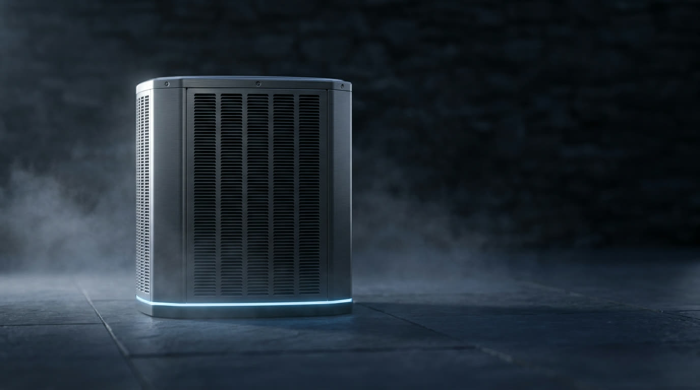 HVAC condenser unit glowing in a dark backyard at night — the after-hours call an answering service catches