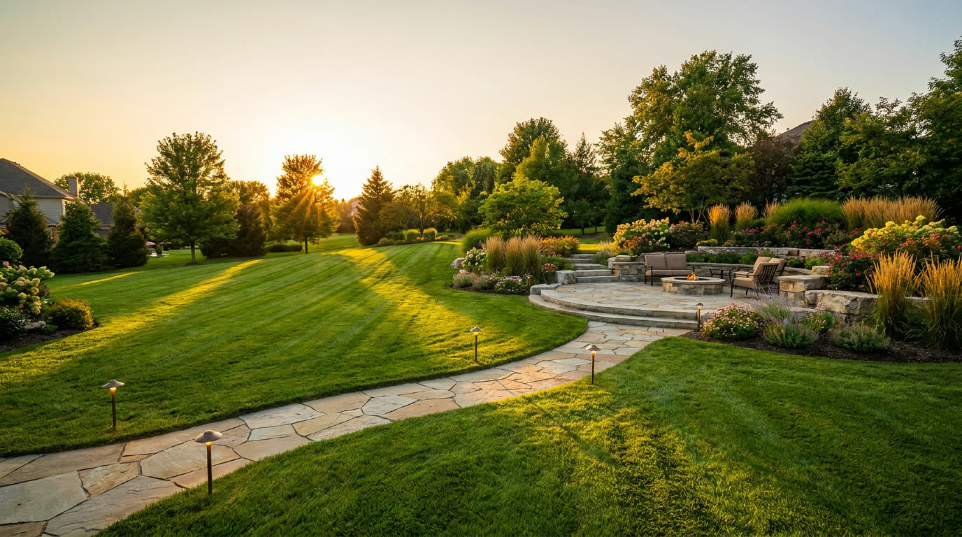 Manicured backyard at golden hour with stone path and patio — the finished work that starts with an answered estimate call