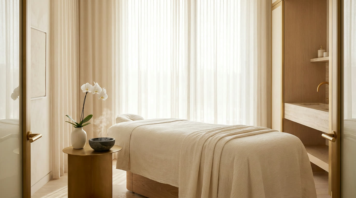 Serene ivory med spa treatment room with soft natural light — the calm your booking calls should sound like