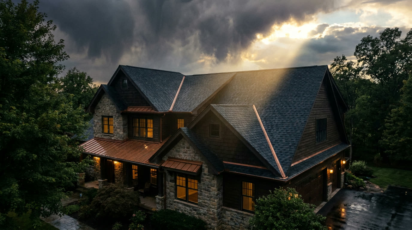 Storm clouds breaking over a newly roofed home — the storm-season moment when every roofing phone rings at once