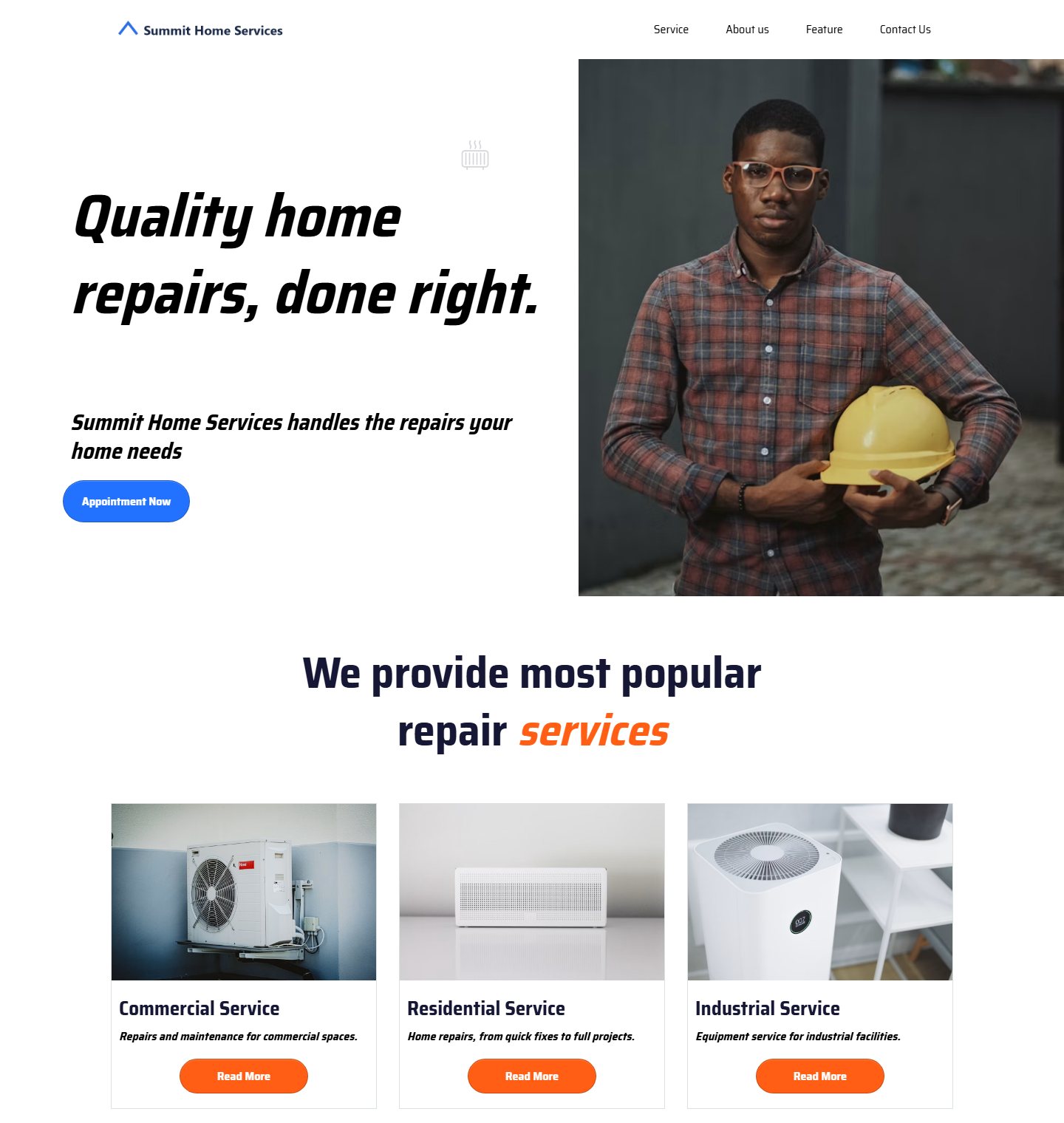 Standard website sample: navigation, hero and services section for a placeholder home-repair business